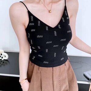 Miu Miu Black Crystal-Logo Spaghetti-Strap V-Neck Cami